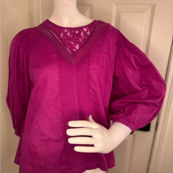 Farm Rio Fuchsia Pink Smocked Puff Sleeve Blouse with Bib Collar - Picture 8 of 13